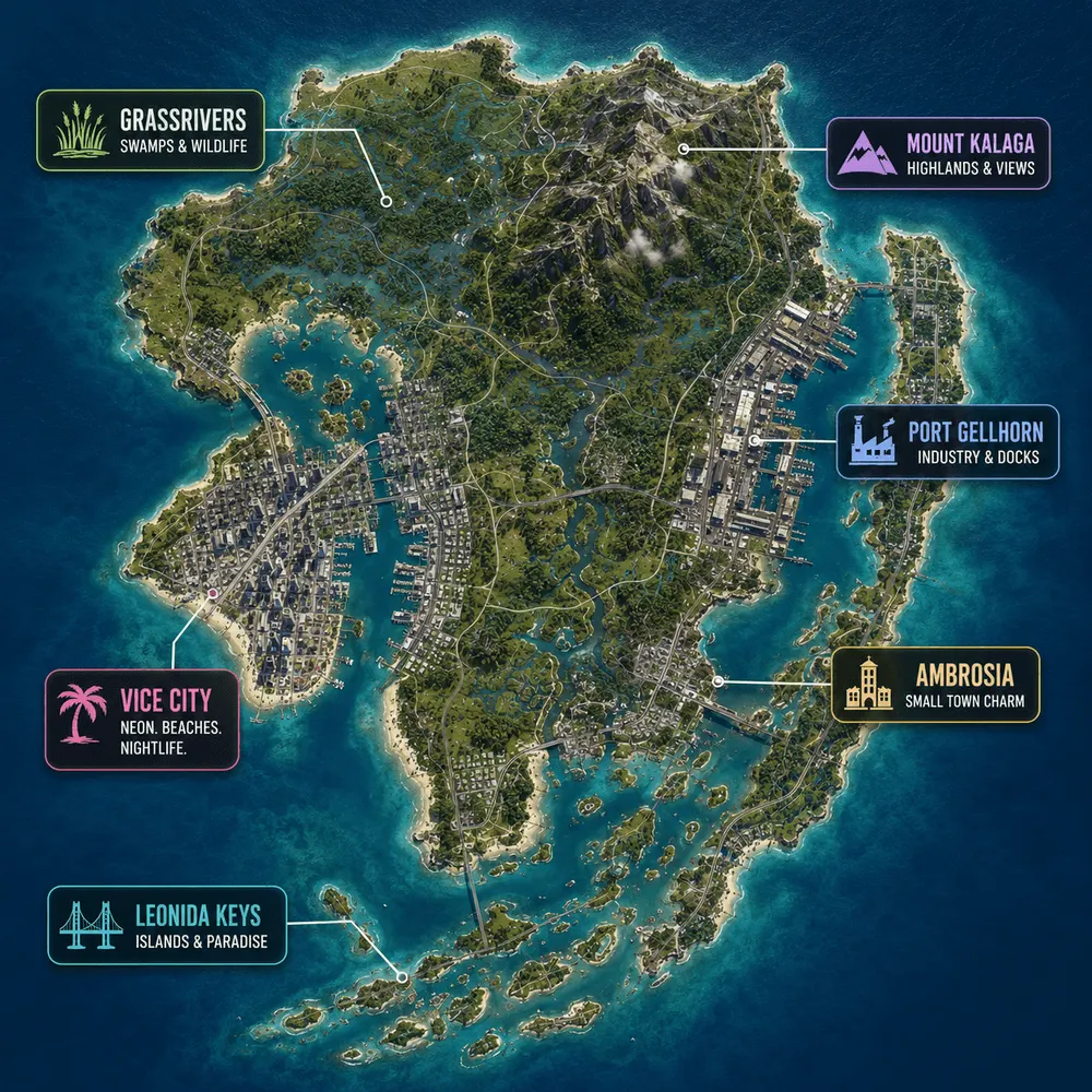 GTA 6 map of Leonida: Vice City, Port Gellhorn, Mount Kalaga, Grassrivers, Ambrosia and Leonida Keys